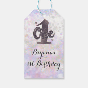 Etiqueta Para Presente Favor de Aniversário de 1 Ano Iridescente Branco B