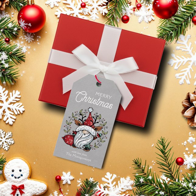 Etiqueta Para Presente Favor de Gnome de Natal Caprichoso (Whimsical Christmas gnome elf on silver favor gift tags)