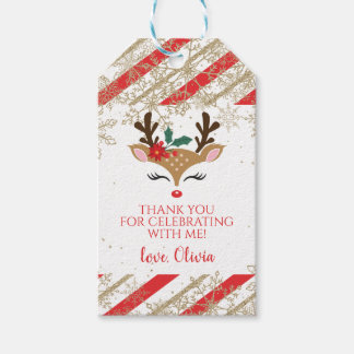 Etiqueta Para Presente Favor de Natal com renas e flocos de neve dourados