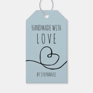 Etiqueta Para Presente Feito à Mão com Amor Coração Doodle Azul Claro