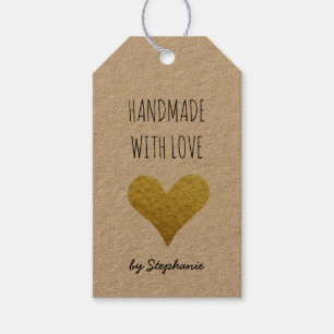 Etiqueta Para Presente Feito à Mão com Amor Coração Dourado Papel Kraft