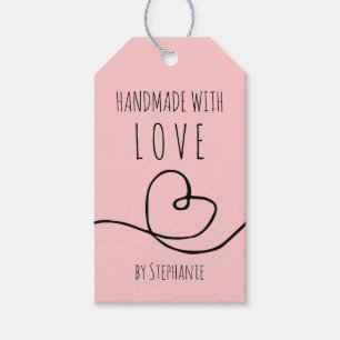 Etiqueta Para Presente Feito à Mão com Amor Doodle Coração Rosa Bege
