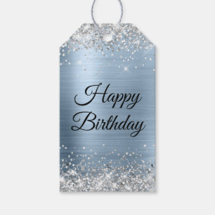 Etiqueta Para Presente Feliz Aniversário Azul Brilho Prata