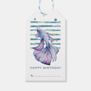 Etiqueta Para Presente Feliz Aniversário, Belo Peixe Azul, praia