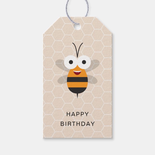 Etiqueta Para Presente Feliz Aniversário Bonito Engraçado Abelha Honeycom (Frente)