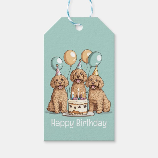 Etiqueta Para Presente Feliz Aniversário Cachorros de Goldendoodle (Frente)