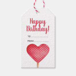 Etiqueta Para Presente Feliz aniversário coração vermelho com bolinhas Ta