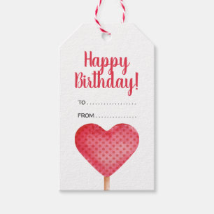 Etiqueta Para Presente Feliz aniversário coração vermelho com bolinhas Ta