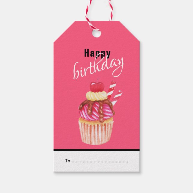 Etiqueta Para Presente Feliz Aniversário, Cupcake Rosa Divertido Dicas de (Frente)