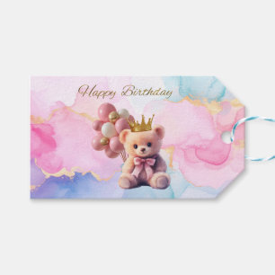Etiqueta Para Presente Feliz Aniversário do Urso Rosa-Rosa Arco-Dourado
