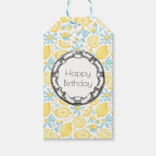 Etiqueta Para Presente Feliz Aniversário dos Lemons Amarelos e Pastel Az
