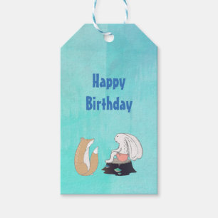 Etiqueta Para Presente Feliz Aniversário Fox e Ilustração do Coelho