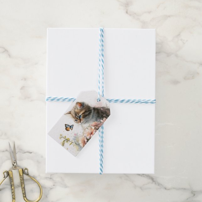 Etiqueta Para Presente Feliz Aniversário Gatinho No Jardim (Com cordão)