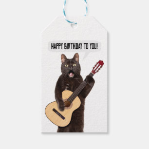 Etiqueta Para Presente Feliz Aniversário Gato Cantando e Tocando Violão