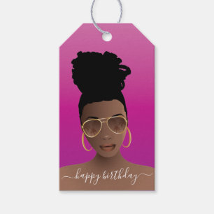 Etiqueta Para Presente Feliz Aniversário, Mulher Negra com Tons Rosa, Ma