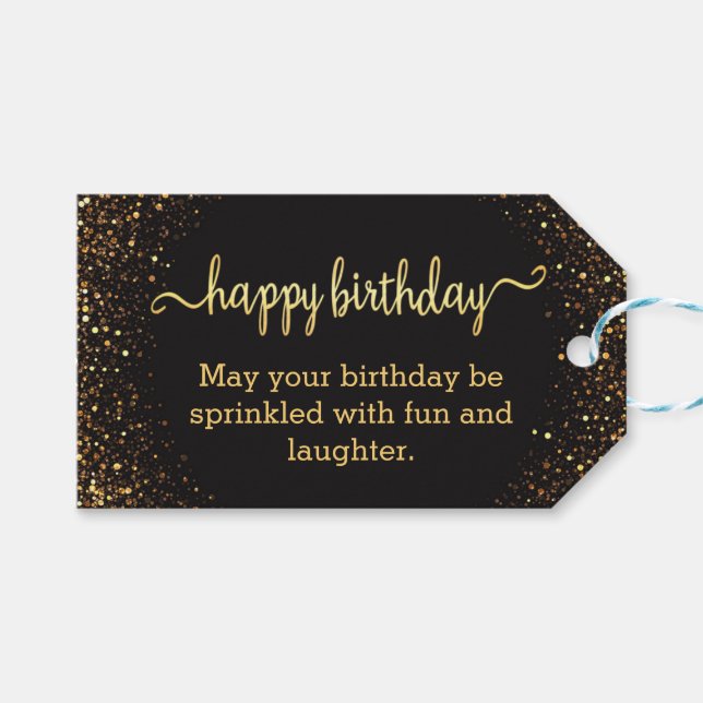 Etiqueta Para Presente feliz aniversário ouro negro brilha quic moderno (Frente (horizontal))