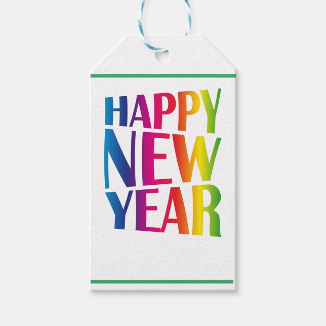 Etiqueta Para Presente Feliz ano novo (A vibrant, colorful New Year tag featuring the words 'HAPPY NEW YEAR' in a bold, playful font.)