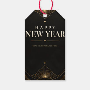 Etiqueta Para Presente Feliz Ano Novo Geométrico Preto e Dourado Elegante