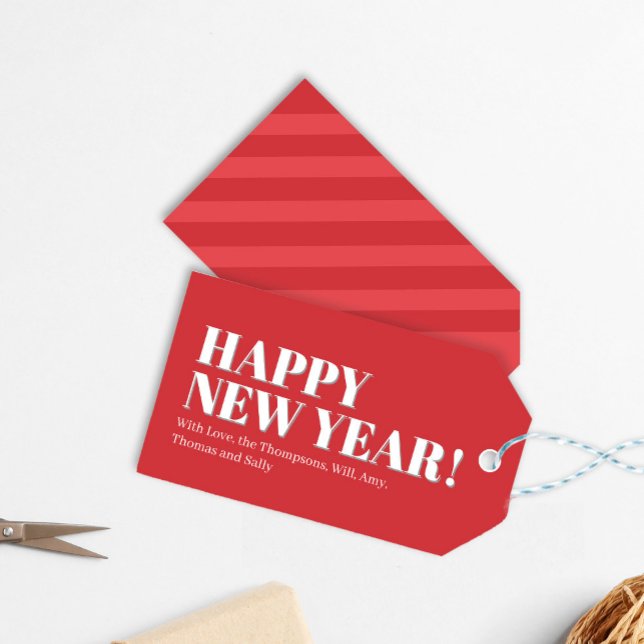 Etiqueta Para Presente Feliz Ano Novo Vermelho e Branco Personalizado (Happy New Year Custom Party Gift Tag.)