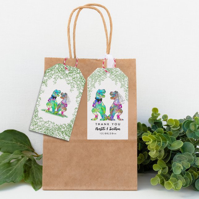 Etiqueta Para Presente Feliz Casamento De Dinossauro, Obrigado (T-Rex bride and groom colorful dinosaur wedding thank you favor tags)