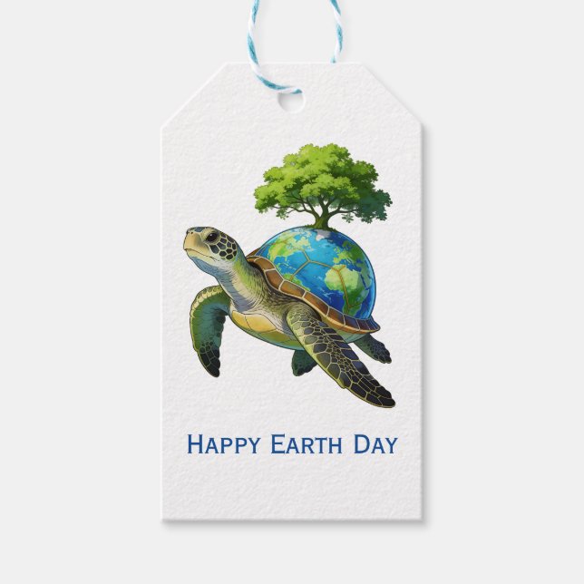 Etiqueta Para Presente Feliz Dia da Terra Planeta Tartaruga e Árvores (Frente)