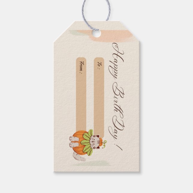 Etiqueta Para Presente Feliz dia de nascimento saudando gato rosa (Frente)