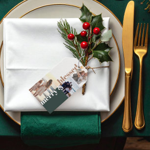 Etiqueta Para Presente Feliz e família abençoada Foto de Natal Verde