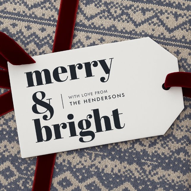 Etiqueta Para Presente Feliz e preto-e-branco Tendência Natal (Merry & Bright gift tag by Guava – fun, festive, and customizable!)