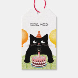 Etiqueta Para Presente Feliz gato de aniversário com bolo e balões