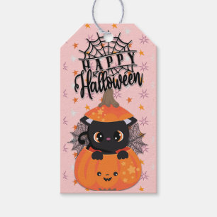 Etiqueta Para Presente Feliz Gato Preto De Halloween Kawaii Em Um Abóbora