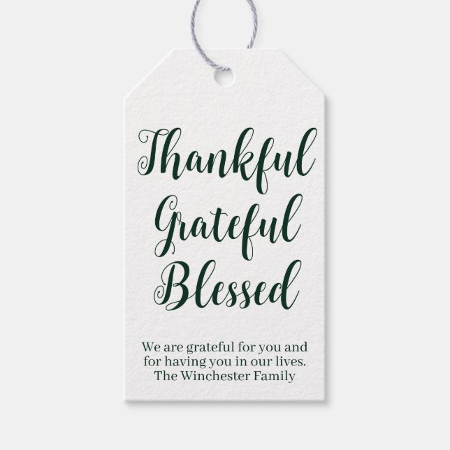 Etiqueta Para Presente Feliz Grateful Bendito green script feriado (Frente)