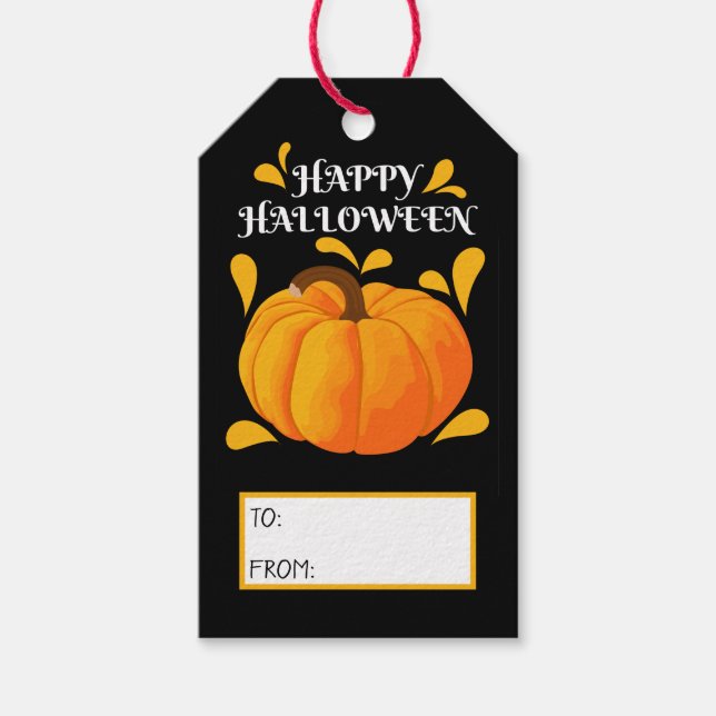 Etiqueta Para Presente Feliz Halloween Laranja Pumpkin Preto Fundo (Frente)
