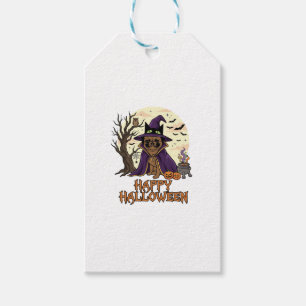 Etiqueta Para Presente Feliz Halloween Pug Chapéu de Bruxa Caldeirão Abób
