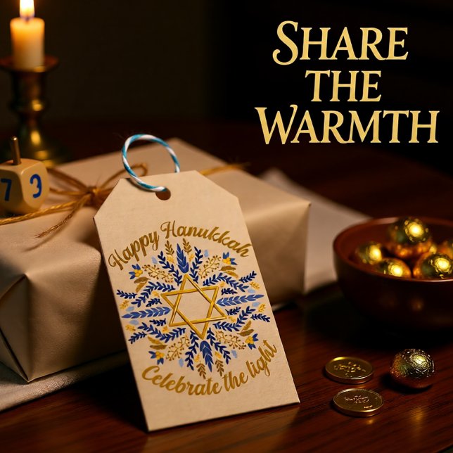 Etiqueta Para Presente Feliz Hannukkah - comemore a luz (Celebrate the Light Blue and Gold Star of David Gift Tags)