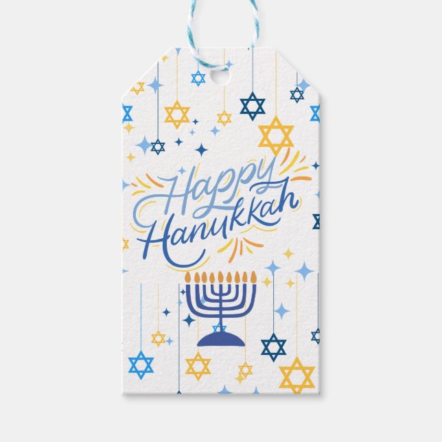 Etiqueta Para Presente Feliz Hanukkah Azul e Dourado (Frente)