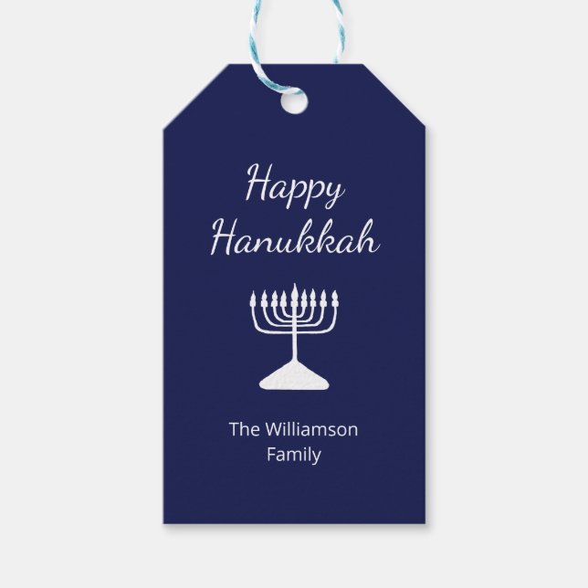Etiqueta Para Presente Feliz Hanukkah Menorah Simple Blue (Frente)