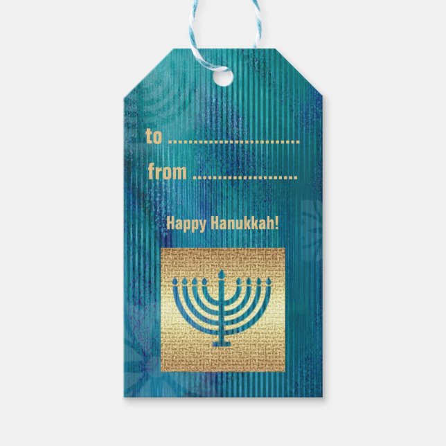 Etiqueta Para Presente Feliz Hanukkah. Personalização Dourada de Menorah (Frente)