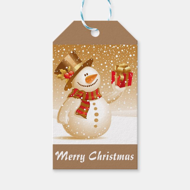 Etiqueta Para Presente Feliz Natal (Illustration of a Christmas tag with a snowman wearing a brown hat with holly berries.)