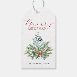 Etiqueta Para Presente Feliz Natal Aguarela Folhagens Bagas