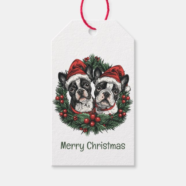 Etiqueta Para Presente Feliz Natal Boston Terrier Cães Feriados Feriados  (Frente)