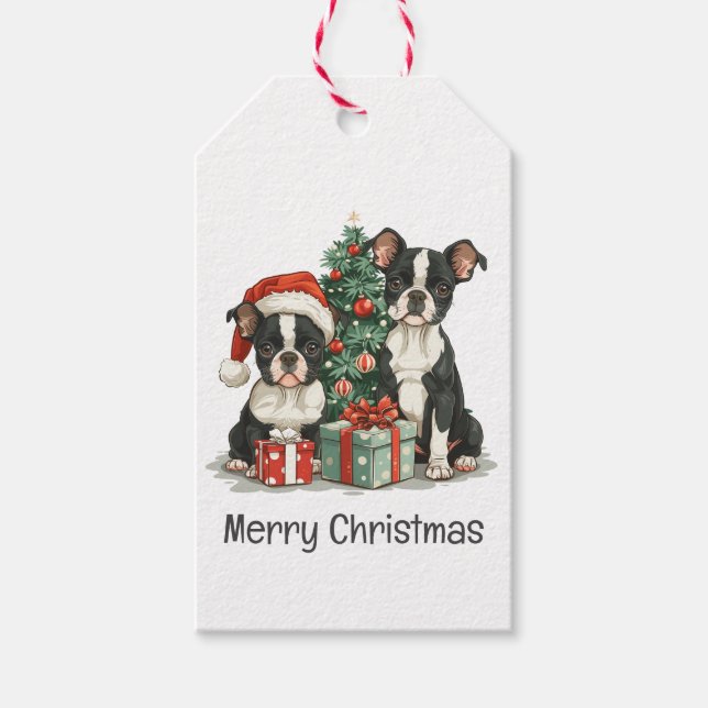 Etiqueta Para Presente Feliz Natal - Boston Terrier Dogs (Frente)