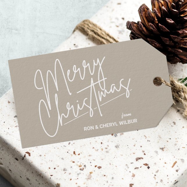 Etiqueta Para Presente Feliz Natal Branco (White Script Merry Christmas Tan Gift Tags)