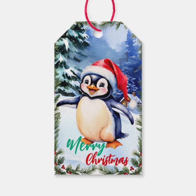 Etiqueta Para Presente Feliz Natal branco Pinguim de inverno (Frente)