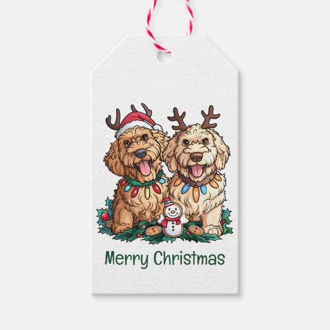 Etiqueta Para Presente Feliz Natal Cachorros de Goldendoodle (Frente)