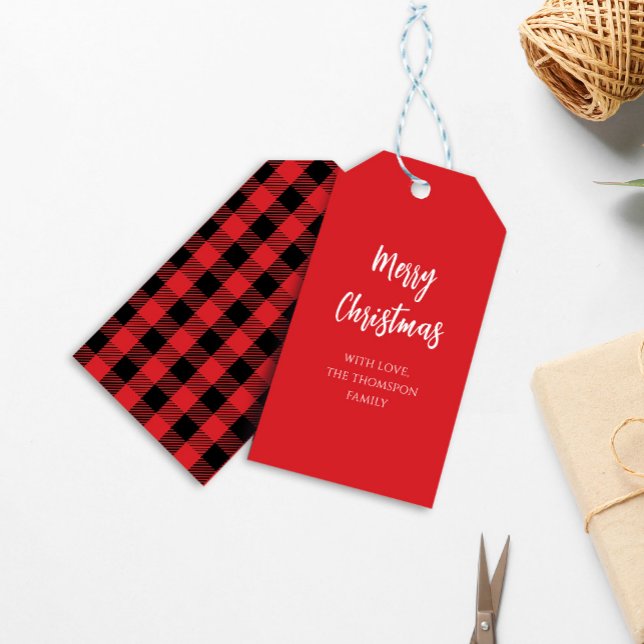 Etiqueta Para Presente Feliz Natal Calliografia Buffalo (Merry Christmas calligraphy script buffalo check pattern gift tag. )