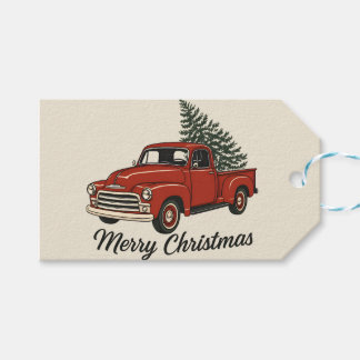 Etiqueta Para Presente Feliz Natal Caminhão Vermelho Vintage & Árvore de