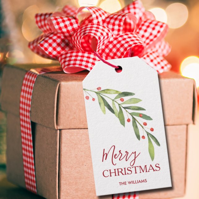 Etiqueta Para Presente Feliz Natal com Folhagens (Greenery branch and berries Merry Christmas gift/favor tags personalized with your names)
