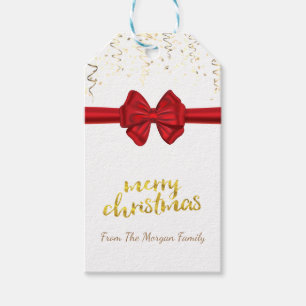 Etiqueta Para Presente Feliz Natal, Confete Dourado, Laço Vermelho, Branc