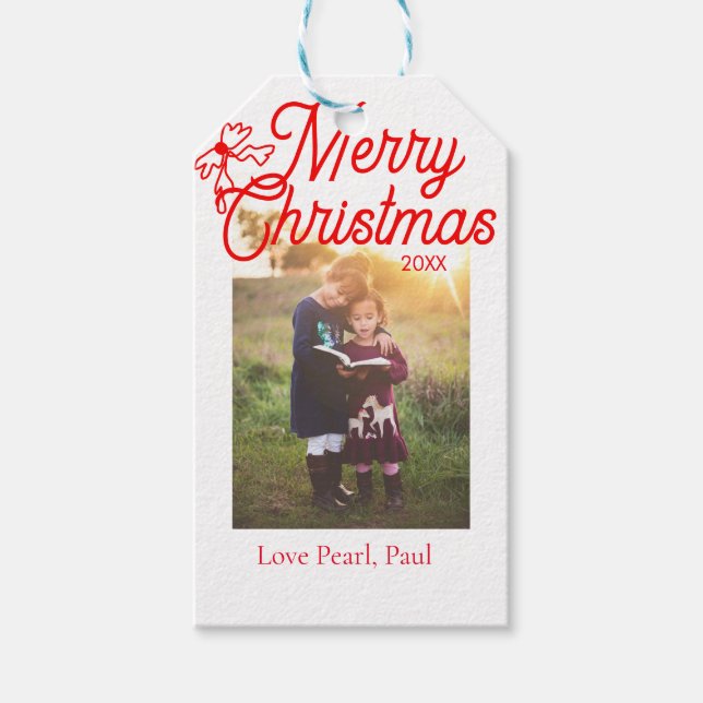 Etiqueta Para Presente Feliz Natal crianças arcos vermelhas foto elegante (Frente)