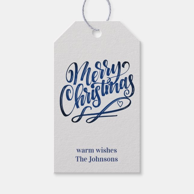 Etiqueta Para Presente Feliz Natal Deep Blue Brush Script | Cinza (Frente)